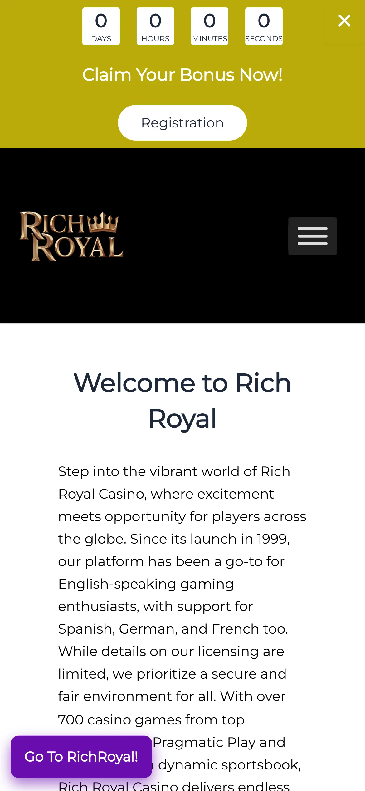 Rich Royal Casino mobile lobby screenshot